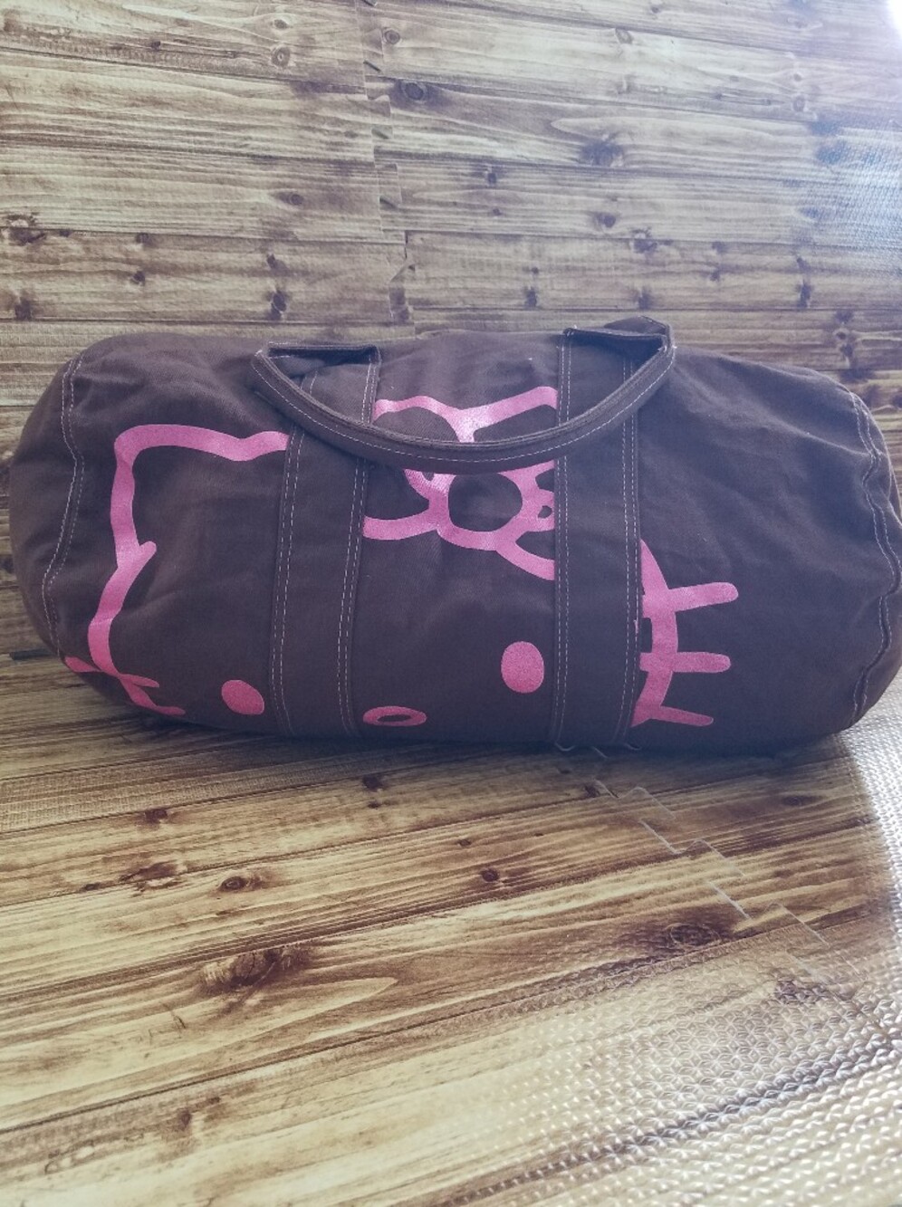 Sanrio Hello Kitty Dark Brown Travel Duffle Bag Gym Carry On Pink Glitter